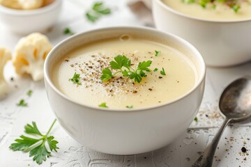 Vegan cauliflower soup in white bowl on white table