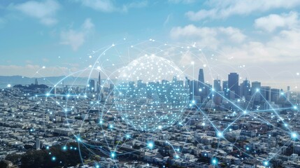 a graduation hat and interconnected lines mapping over a bustling cityscape, all viewed from above, merging the concepts of innovation and urbanization.
