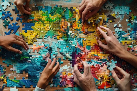 Top view of a colorful jigsaw puzzle being pieced together by a cooperative team