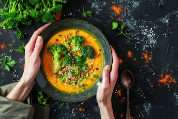 Vegan vegetable soup with carrots parsnips and broccoli on dark table Top view - obrazy, fototapety, plakaty