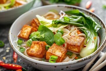 Vegan Vietnamese homemade Pho soup with tofu noodles and veggies