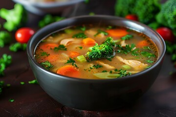 Vegetable chicken soup with broccoli on dark background vertical view