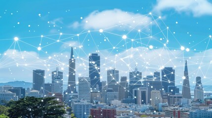 a graduation hat and interconnected lines mapping over a bustling cityscape, all viewed from above, merging the concepts of innovation and urbanization.