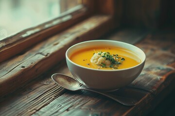 Vegetable soup on wooden background Focus on colors