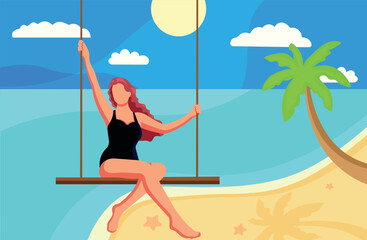 A girl swings on a swing on the beach. Take a vacation. Summer holidays illustration in flat style. The concept of a pleasant and comfortable stay.