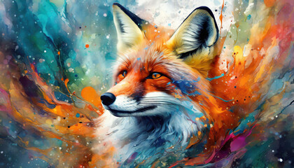 A fox is painted in a colorful swirl with a splash of water