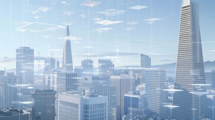 a graduation hat and interconnected lines mapping over a bustling cityscape, all viewed from above, merging the concepts of innovation and urbanization.