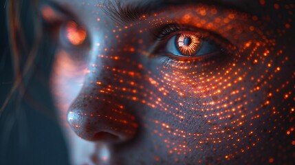 A woman gazes into the camera with a futuristic allure, her eyes ablaze in an orange glow, symbolizing the growth of AI, computers, and software in the current era