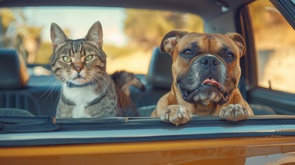 Photography of a beautiful happy best friend cat and dog riding in a car together having fun