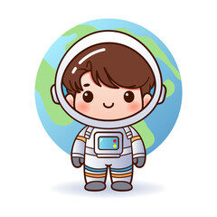 A cute astronaut is standing with a planet in the background