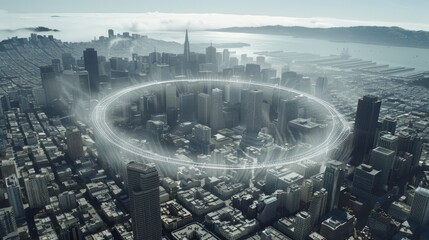 a graduation hat and interconnected lines mapping over a bustling cityscape, all viewed from above, merging the concepts of innovation and urbanization.