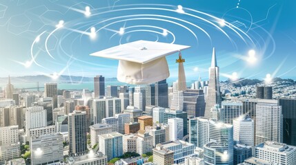 a graduation hat and interconnected lines mapping over a bustling cityscape, all viewed from above, merging the concepts of innovation and urbanization.