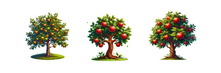 Set of Illustration on Apple tree clipart, isolated over on transparent white background