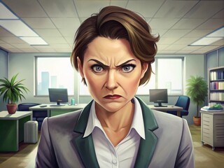 Portrait of angry furious young business woman sitting at the office desk 
