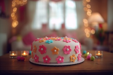 Colorful birthday cake with floral decorations