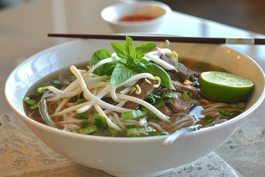 Vietnamese Beef Noodle Soup with oxtail meat scallions lime basil bean sprouts in a white bowl with chopsticks and spoon