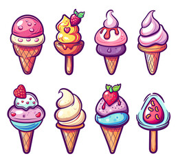 Cute ice cream set illustration isolated on a white background, with a simple design, flat colors, in the style of a cartoon, minimalistic