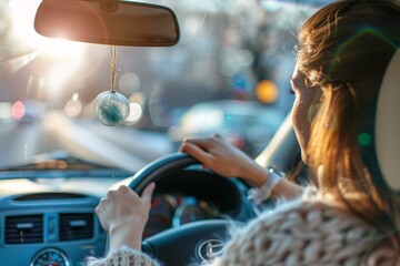 Woman holding steering wheel with air freshener in car