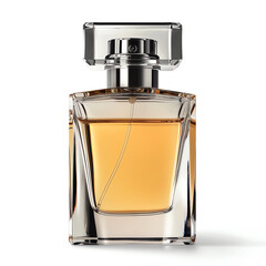 Stylish men's perfume bottle isolated on white, elegant metallic cap, suitable for luxury marketing, perfect copy space.