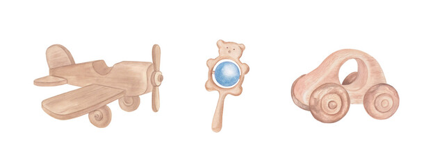 Toy plane and car. Set of baby cliparts