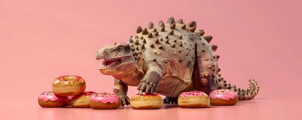 Obraz premium Playful Ankylosaurus Dinosaur Snacking on Delightful Donuts in Vibrant 3D