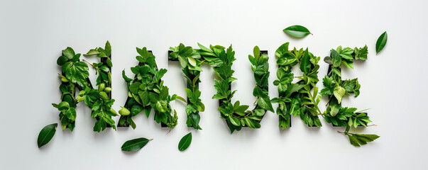 A word NATURE made of green leaves on a white background