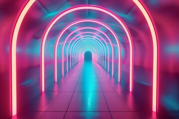 Vividly lit abstract tunnel in a futuristic style, with glowing neon accents along the walls and floor, creating a dynamic 3D space