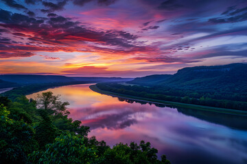 Fototapeta na wymiar Spectacular Sunset Panorama over the Winding Tennessee River with Scenic Appalachian Background