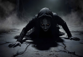 A dark, creepy, and scary figure of a woman is crawling on the ground