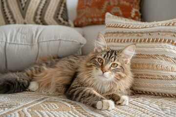 Siberian cat lying on sofa in living room at home