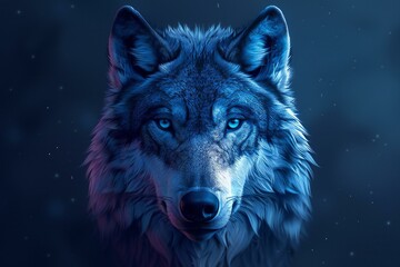 Illustration of a wolf head with blue eyes on a dark background