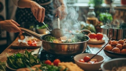 Friends enjoying a hot pot meal with steam rising, vibrant ingredients surrounding the pot, creating an inviting atmosphere of conviviality.
