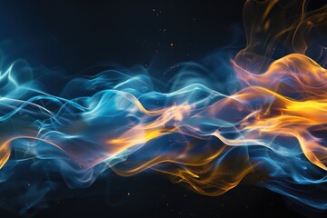 Abstract blue and yellow flame with rays over black background