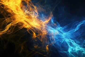 Abstract blue and yellow flame with rays over black background