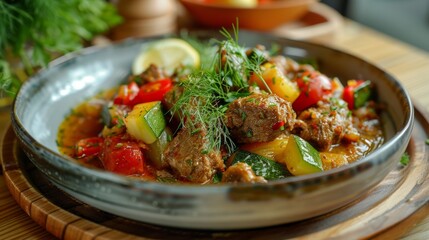 The cuisine of Bosnia and Herzegovina. Lamb stew with zucchini. 