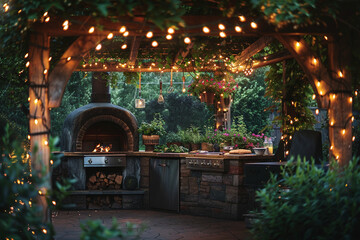 Tranquil alfresco entertaining area with pizza oven, grill, greenery, and string lights