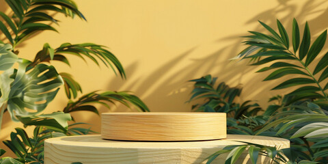 Fototapeta premium Still life photography of a wooden podium with tropical leaves in the background conveys a sense of nature and tranquility.