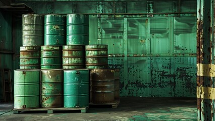 green metal oil drum on wooden pallets in warehouse or storage room, stack of green steel barrels for fuel. Dryrot Themes 