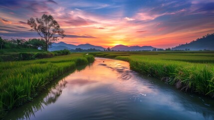Fototapeta premium Golden hour over a tranquil river flowing through lush rice paddies, reflecting the colorful sky as the sun sets on the horizon.