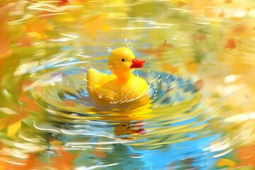 Cheerful Rubber Ducky Splashing Through Vibrant Sunlit Pond with Dynamic Waves and Playful Motion Blur