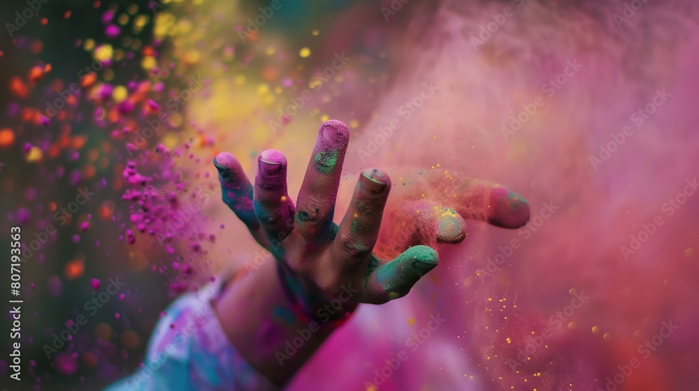 Poster Solo traveler participating in a Holi festival, close-up on hands throwing vibrant colored powders, joyful expressions