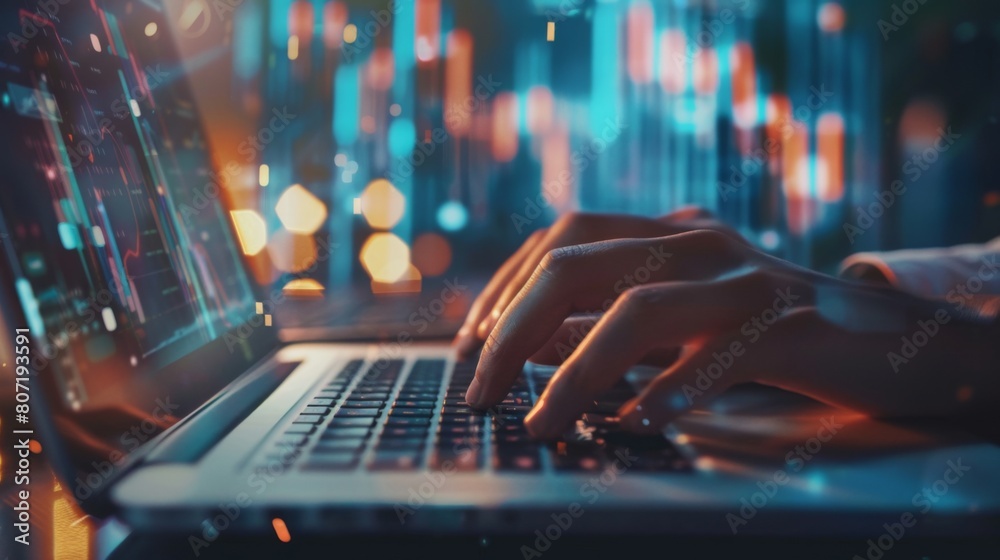 Leinwandbilder hands typing on a laptop keyboard with financial charts on the screen, highlighting digital technolo