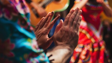 Backpacker watching a flamenco dance in Spain, close-up on clapping hands, vibrant dress swirling in background 