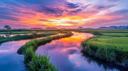 Fototapeta premium Golden hour over a tranquil river flowing through lush rice paddies, reflecting the colorful sky as the sun sets on the horizon.