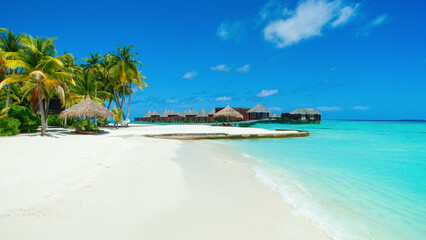 Beautiful tropical landscape with sandy beach and the crystal clear turquoise Indian ocean, Maldives island
