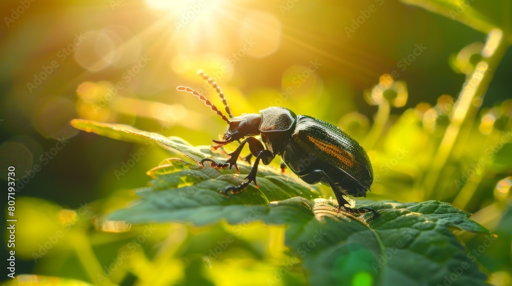 Poster macro shot of a beetle crawling on a leaf, its shiny exoskeleton reflecting the sunlight against the