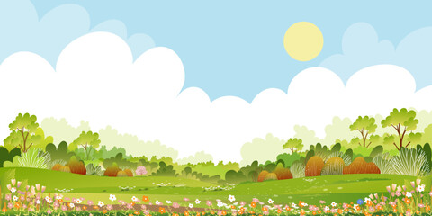 Spring landscape with flower in park,Vector illustration cartoon with green grass meadow on hills with cloud blue sky,Banner Nature Farm lawn field blooming in garden at village in sunny day summer