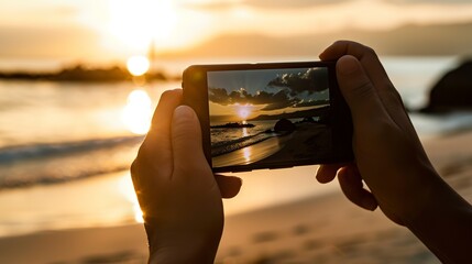 Traveler taking photos of a beach sunset, close-up on camera screen displaying the shot, golden hour glow