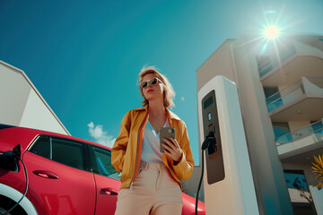 Stylish woman in sunglasses and a yellow jacket using her smartphone while charging her electric car under the bright sun.