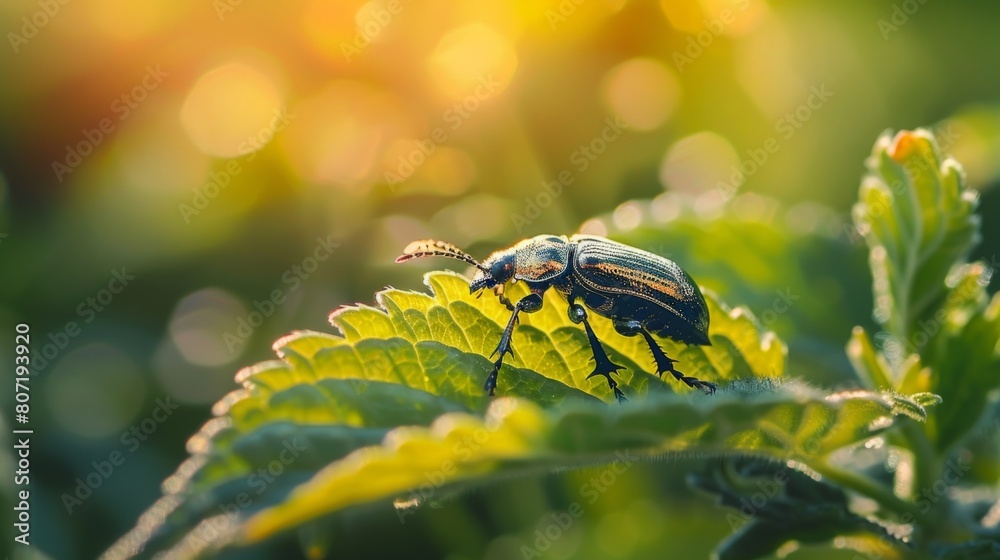 Poster macro shot of a beetle crawling on a leaf, its shiny exoskeleton reflecting the sunlight against the
